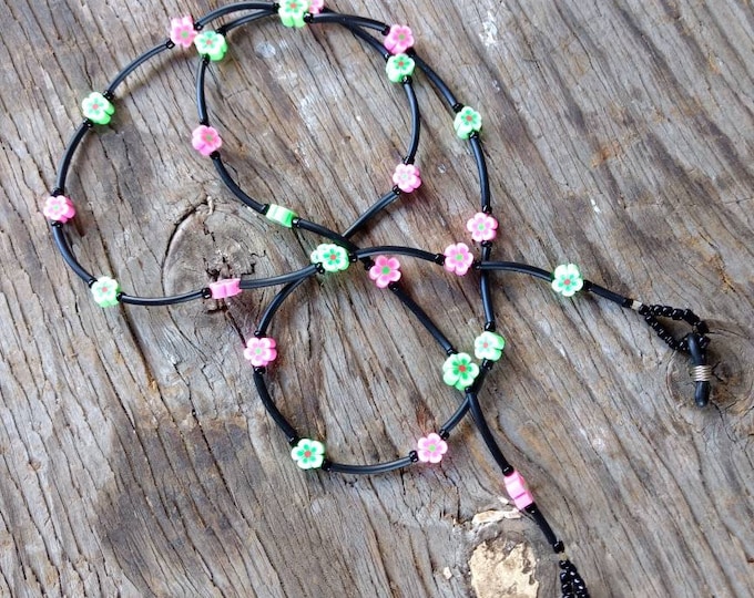 SALE: Pretty PINK & GREEN Flowers Spring Fimo Polymer Clay and Glass Beads Eyeglass Chain