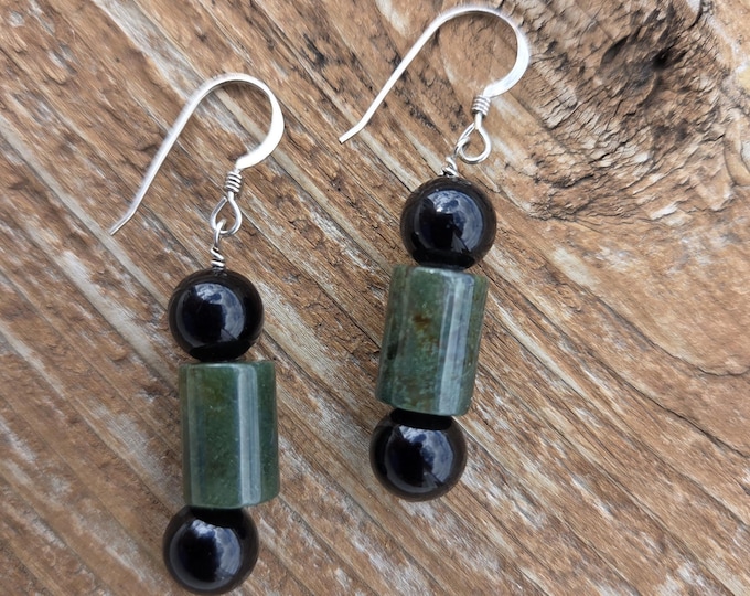 MOSS AGATE Black Onyx Gemstone Earrings Sterling Silver Natural Stone