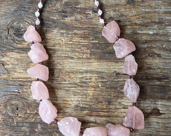 Chunky Rose Quartz Nuggets & Garnet Sterling Silver Necklace