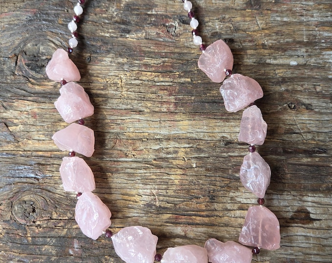 Chunky Rose Quartz Nuggets & Garnet Sterling Silver Necklace