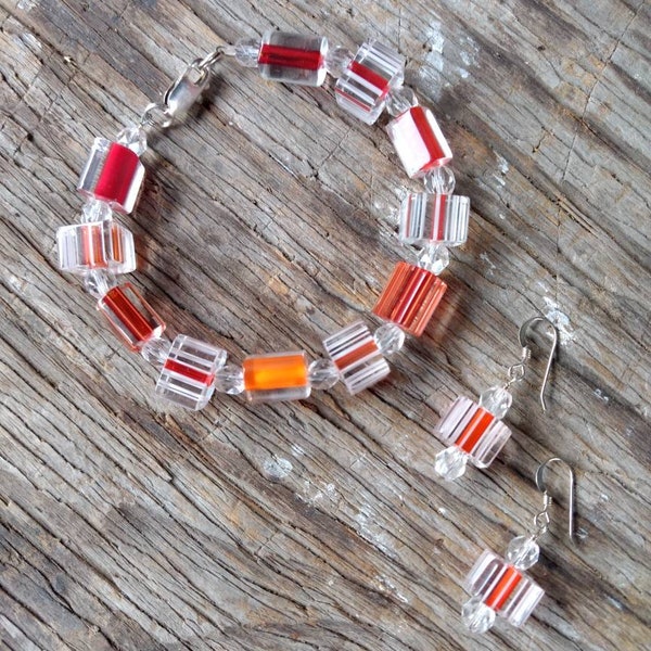 SALE: SET Joyful CANE Furnace Drawn Glass w/ Czech Glass Beaded Sterling Silver Bracelet  & Earrings Set