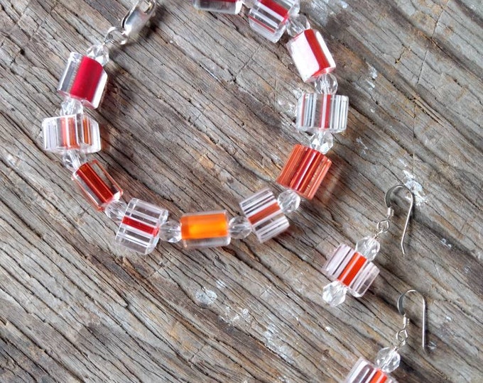 SALE: SET Joyful CANE Furnace Drawn Glass w/ Czech Glass Beaded Sterling Silver Bracelet  & Earrings Set