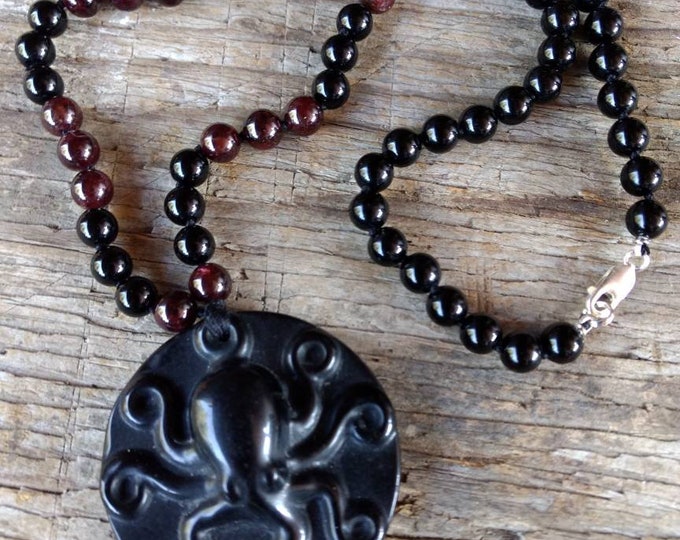 Carved Octopus Black Onyx Garnet Natural Gemstone Sterling Silver Necklace