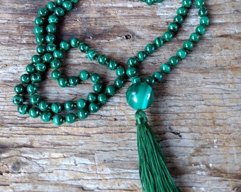 MALA: Malachite 108 Count Plus Guru Bead Silk Tassel Necklace