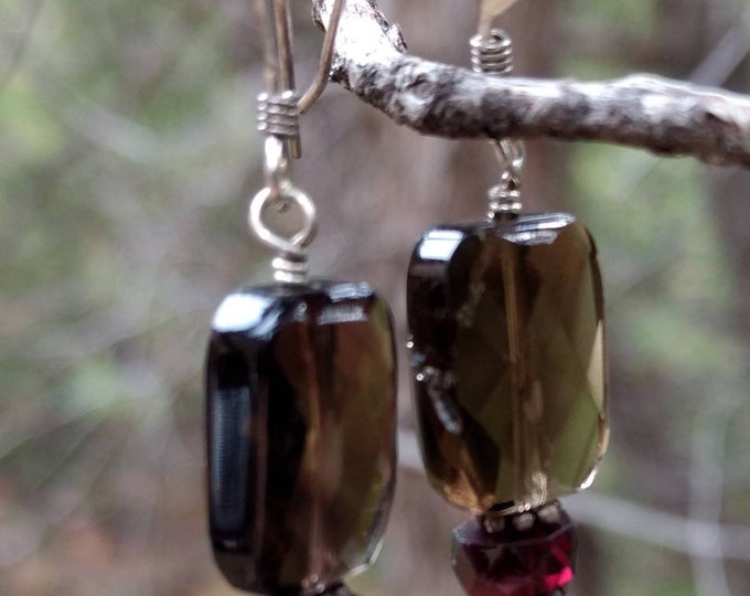 SMOKY QUARTZ GARNET & Rose Quartz Gemstone Earrings Sterling Silver Natural Stone