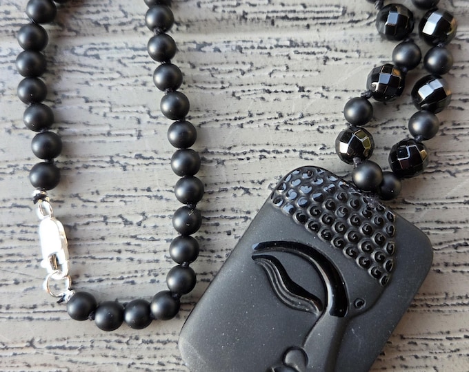 Carved BLACK ONYX BUDDHA Stone Natural Gemstone Sterling Silver Necklace