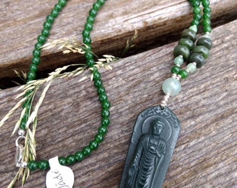 Carved Buddha JADE Stone Natural Gemstone Sterling Silver Necklace