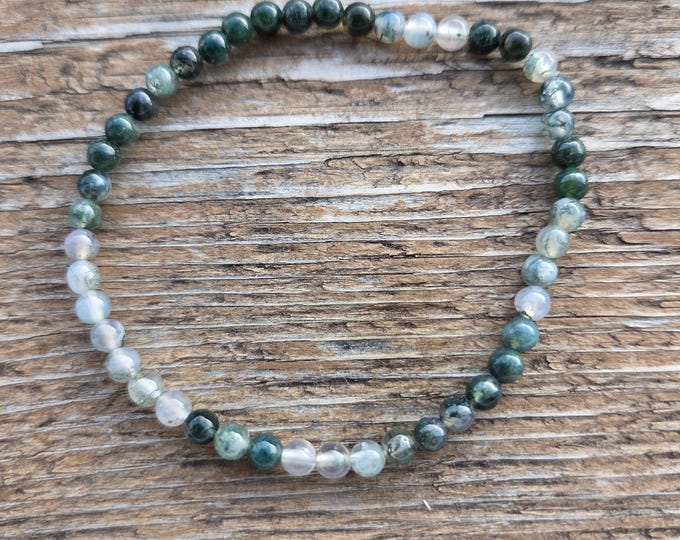 MOSS AGATE Small Bead Chakra Stretch Bracelet All Natural Semi-Precious Stones Healing Metaphysical