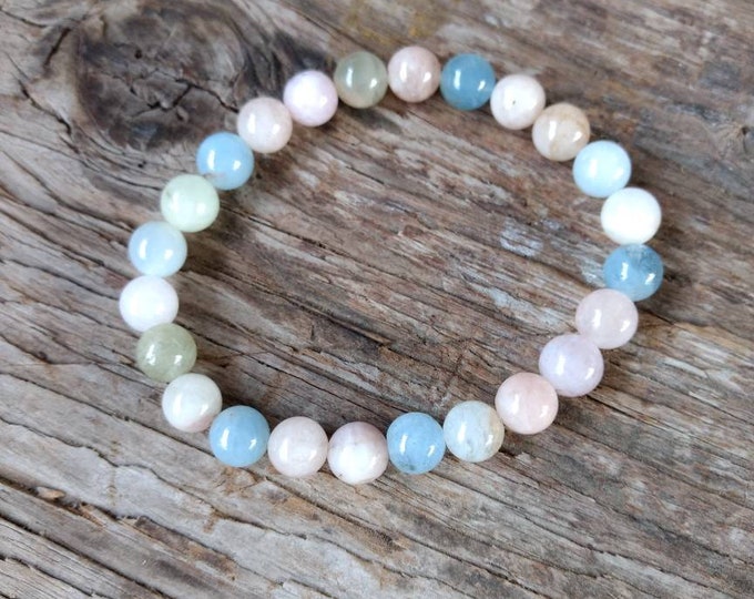 AQUAMARINE (Multi Colored) Chakra Stretch Bracelet All Natural Semi-Precious Stones Healing Metaphysical