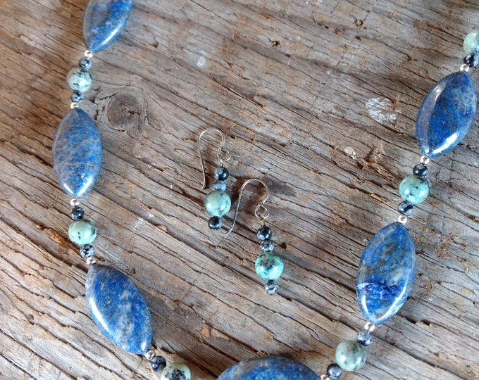 SET: LAPIS LAZULI, African Turquoise & Snowflake Obsidian, Sterling Silver Necklace and Earring Set