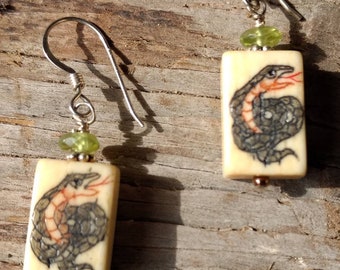 Earrings: SNAKE Hand Painted with Peridot Stone Sterling Silver