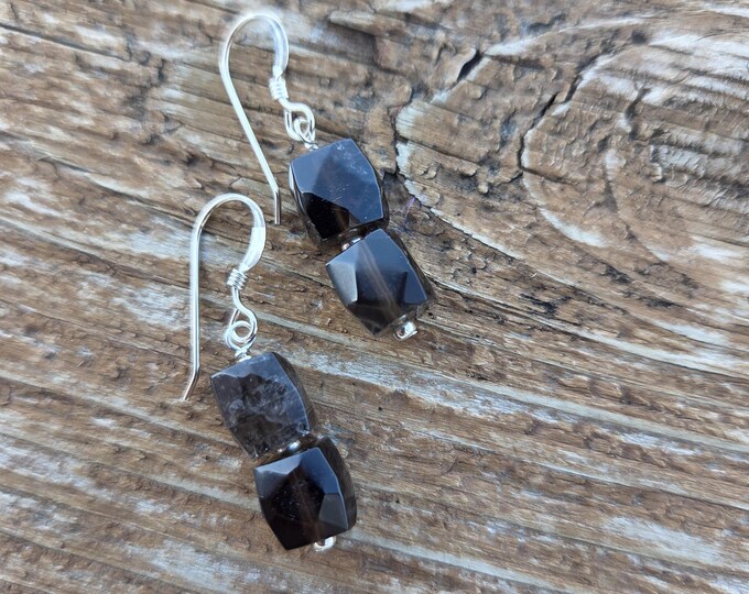 SMOKY QUARTZ CUBE Gemstone Earrings Sterling Silver Natural Stone