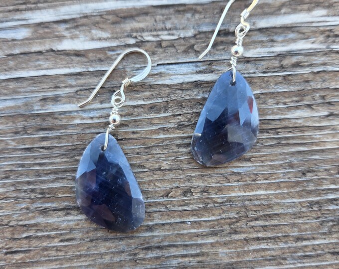 SAPPHIRE Slice Faceted Rough Sapphire Gemstone Earrings Sterling Silver Natural Stone