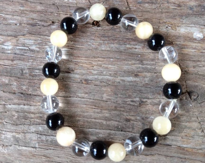 QUARTZ ONYX CALCITE Chakra Stretch Bracelet All Natural Semi-Precious Stones Healing Metaphysical