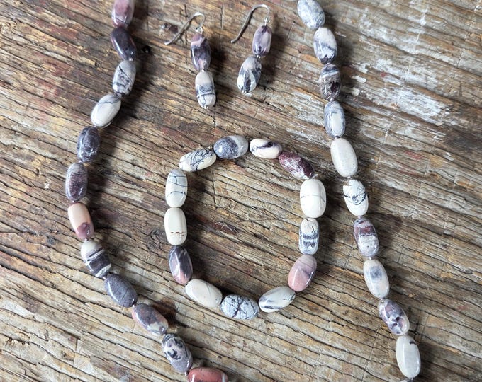 Set: Crazy Horse Creek Jasper Beautiful Stone Natural Gemstone Sterling Silver Necklace, Bracelet and Earrings