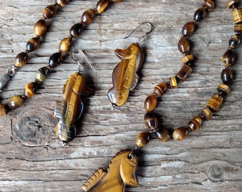 SET: Tigereye SEA HORSE Necklace & Earrings All Natural Semi-Precious Stones Healing Metaphysical