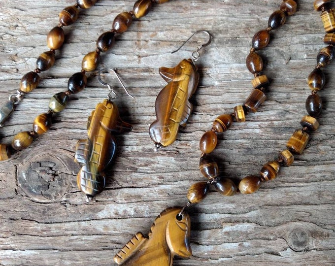 SET: Tigereye SEA HORSE Necklace & Earrings All Natural Semi-Precious Stones Healing Metaphysical