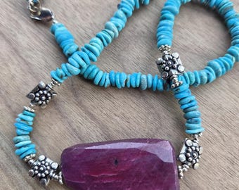 Rough Ruby ARIZONA BEAUTIFUL TURQUOISE Sleeping Beauty Gemstone Sterling Silver Necklace