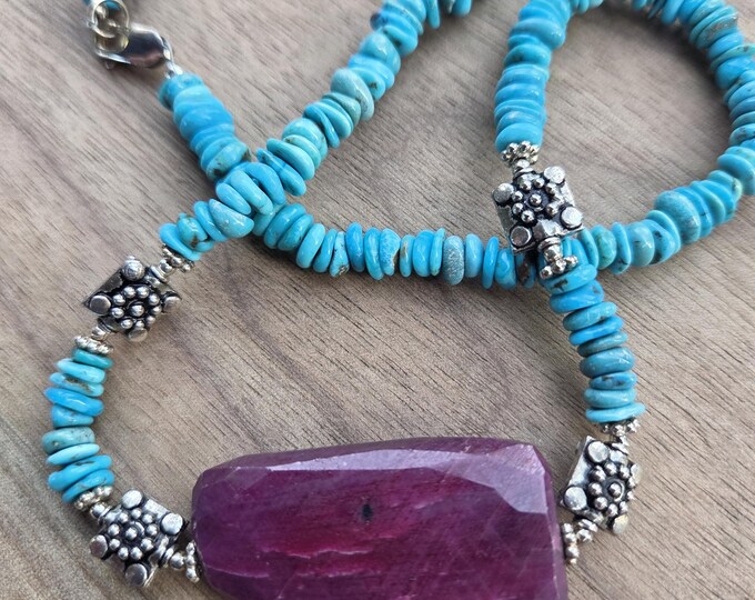 Rough Ruby ARIZONA BEAUTIFUL TURQUOISE Sleeping Beauty Gemstone Sterling Silver Necklace
