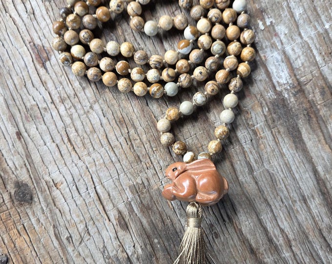 MALA: Picture Jasper 108 Count Plus Wooden Bunny Rabbit Guru Bead Silk Tassel Necklace