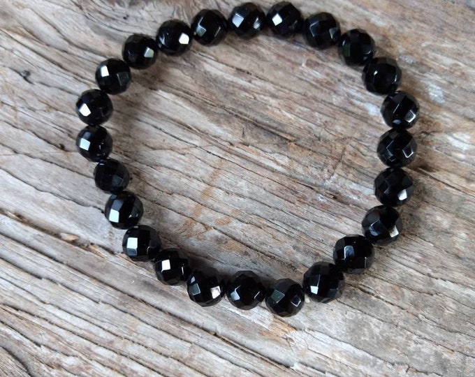 BLACK ONYX (Faceted) Chakra Stretch Bracelet All Natural Semi-Precious Stones Healing Metaphysical