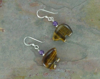 Tiger Eye & Amethyst ZUNI BEAR Fetish Gemstone Earrings Sterling Silver