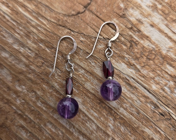 AMETHYST & GARNET Gemstone Earrings Sterling Silver Natural Stone