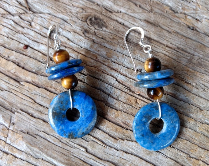 Lapis Lazuli, Tiger Eye Gemstone Earrings Sterling Silver Natural Stone