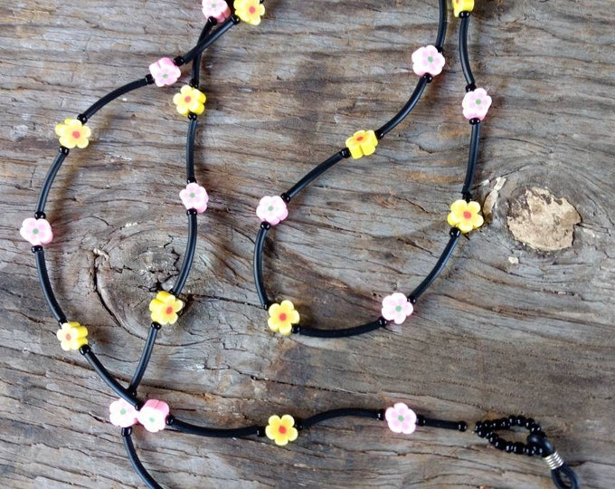 SALE: Pretty PINK & YELLOW Flowers Spring Fimo Polymer Clay and Glass Beads Eyeglass Chain