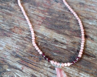 RHODOCROSITE MOON Garnet Necklace All Natural Semi-Precious Stones Healing Metaphysical
