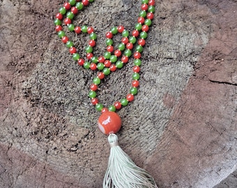 MALA: CARNELIAN Jade Beads Silk Tassel Necklace 108 Count Plus Guru Bead