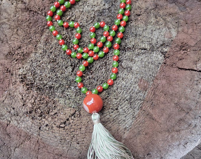 MALA: CARNELIAN Jade Beads Silk Tassel Necklace 108 Count Plus Guru Bead