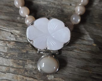 Moonstone (Peach) and Mother of Pearl Chakra Necklace All Natural Semi-Precious Stones Healing Metaphysical