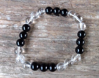 CLEAR QUARTZ & ONYX Chakra Stretch Bracelet All Natural Semi-Precious Stones Healing Metaphysical