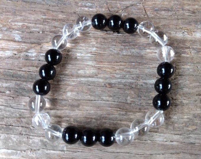 CLEAR QUARTZ & ONYX Chakra Stretch Bracelet All Natural Semi-Precious Stones Healing Metaphysical