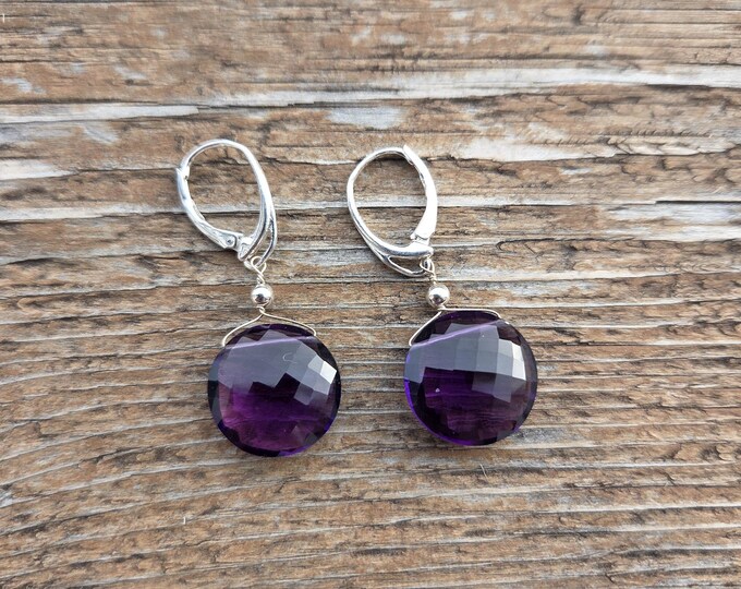 AMETHYST ~ WoW! Long Faceted Round Gemstone Earrings Sterling Silver Natural Stone