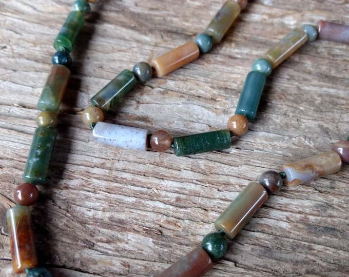 FANCY JASPER Round & Tube Stone Natural Gemstone Sterling Silver Necklace