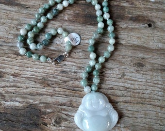 Carved Buddha JADE Stone Natural Gemstone Sterling Silver Necklace