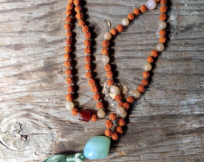 MALA: RUDRAKSHA SEEDS & Chalcedony, Aventurine, Carnelian Natural Beads Silk Tassel Necklace 108 Count