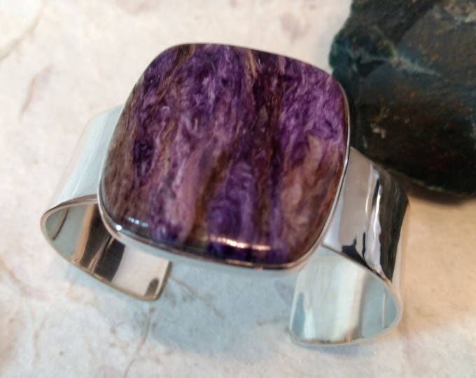 CHAROITE Stone STATEMENT Cuff BRACELET Sterling Silver Wide Band Wow!