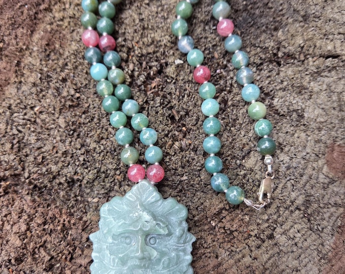Greenman Green Man Moss Agate Strawberry Quartz Sterling Silver Necklace