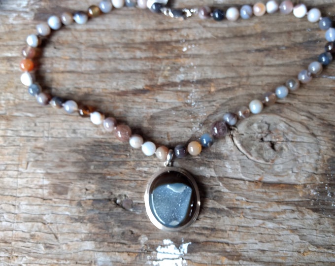 BOTSWANA AGATE & Druzy Quartz NECKLACE All Natural Semi-Precious Stones Sterling Silver