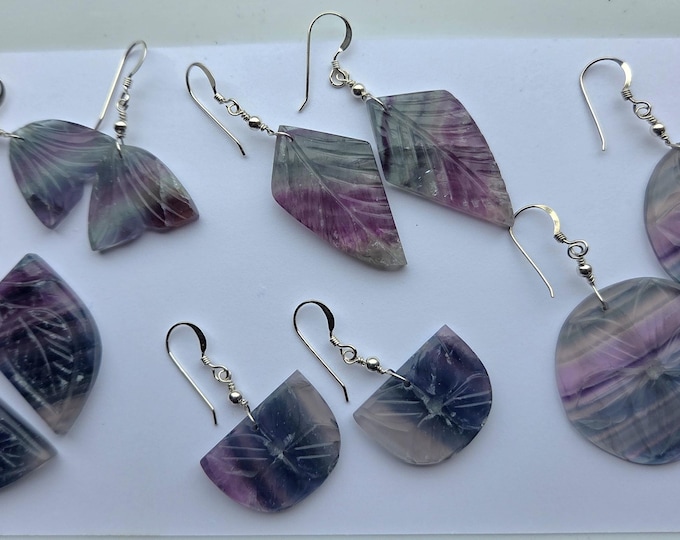 RAINBOW FLUORITE CARVED ~ Earrings Gemstone Earrings Sterling Silver Natural Stone