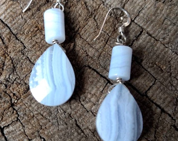 Blue Lace Agate Faceted Gemstone Earrings Sterling Silver Natural Stone