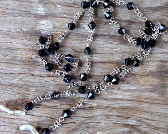 BLACK LINKED Czech Diamond Glass Beads & Silver Beads, Silver Wire Eyeglass Chain