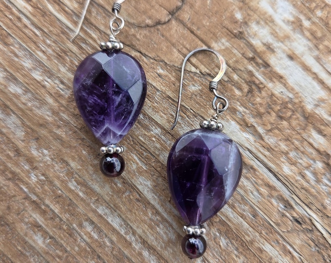 Amethyst Garnet Gemstone Earrings Sterling Silver Natural Stone