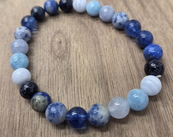 Mixed Blue Gemstone Chakra Stretch Bracelet All Natural Semi-Precious Stones Healing Metaphysical