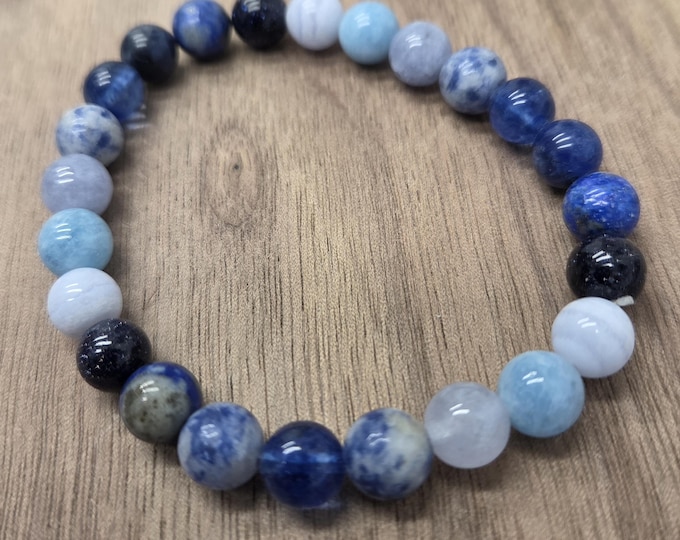 Mixed Blue Gemstone Chakra Stretch Bracelet All Natural Semi-Precious Stones Healing Metaphysical