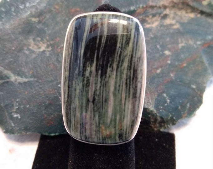 GREEN BANDED Jasper Stone STATEMENT Ring Sterling Silver Stunning Size 8