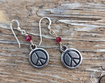 Peace Sign Pewter Charm w/ Red Swarovski Cyrstal Sterling Silver Earrings